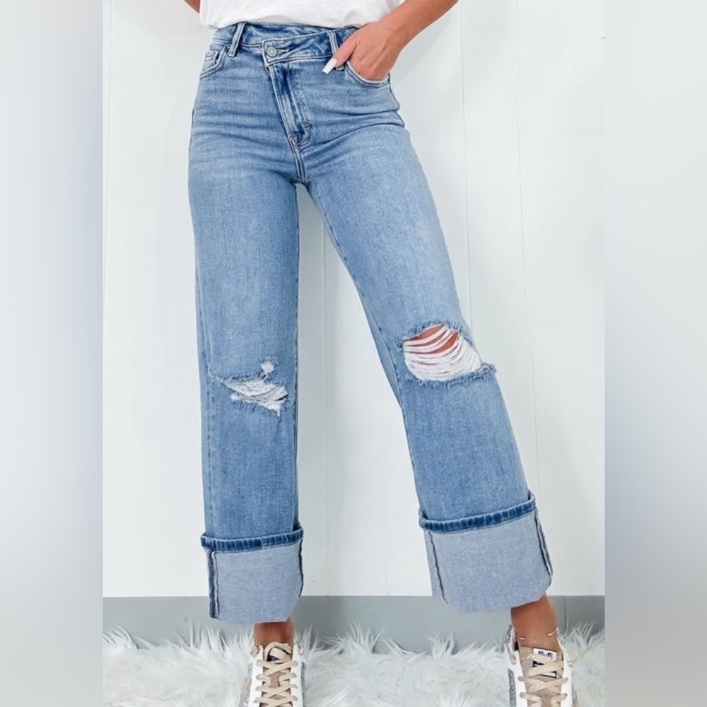Blue Cuffed Distressed Women Jeans - Picture 1 of 7